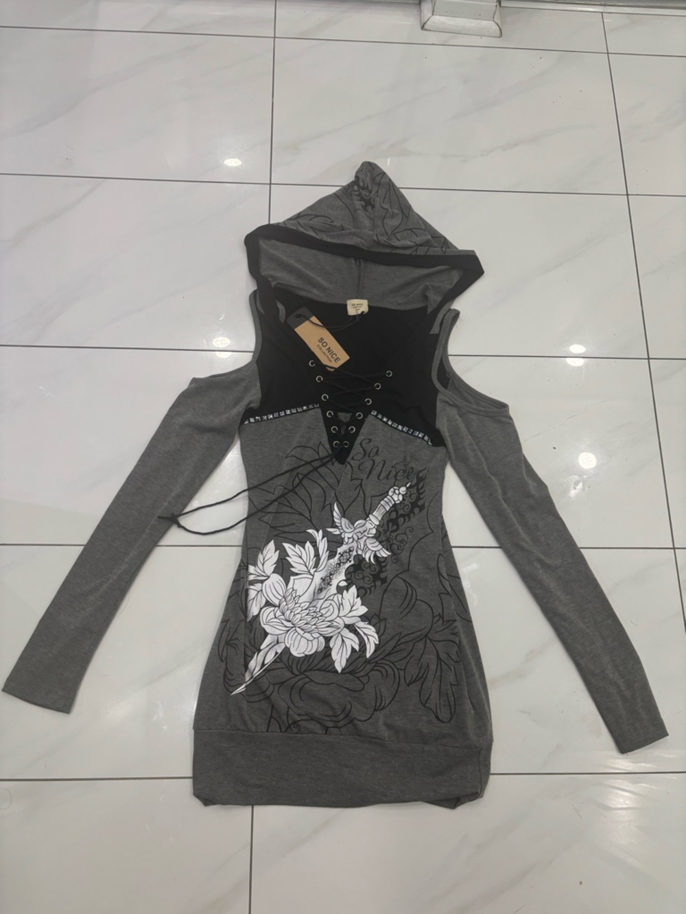 Women's Gray Hooded Cold-Shoulder Lace-Up Top